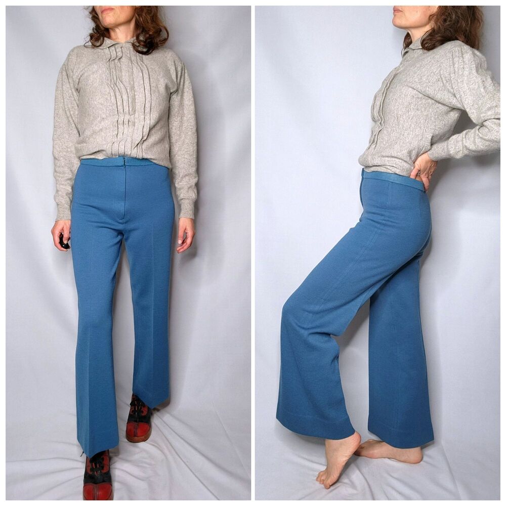 Vintage Blue Wool Pants High Waist Straight Wide Leg Cropped Ankle Pants XS S